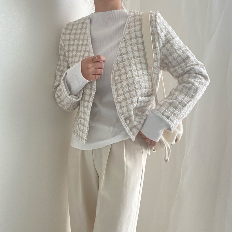 V-Neck Collarless Plaided Tweed Jacket