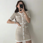 Classic Knitted Fitted Mini Dress with Shiny Metal Buttons