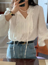 French Romance Ruffled V-Neck Ribbon Tie Blouse