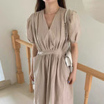 Matcha Green / Beige V-Neck Belted Dress with Pockets