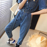 Short Sleeve Blue Denim Utility Jumpsuit