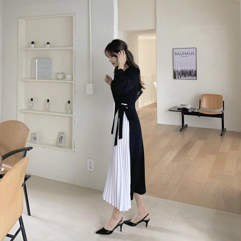 Black & White V-Neck Suit white Pleated Midi Dress