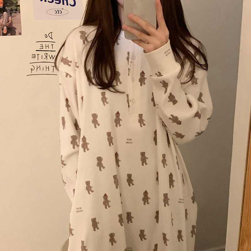 Korean Style Teddy Bear Print Long Sleeve Pajama Dress