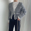 V-Neck Collarless Plaided Tweed Jacket