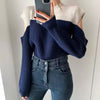 Color Block Cold Shoulder Mock Neck Knitted Sweater