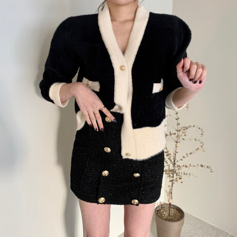 Classic Black and Beige Knitted Cardigan