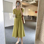 Matcha Green / Beige V-Neck Belted Dress with Pockets