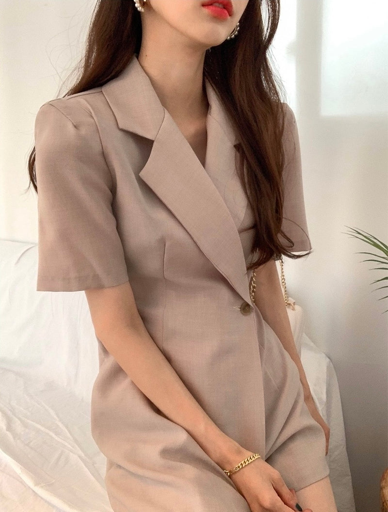 Short Sleeve Blazer Style Single-Button Skort Romper