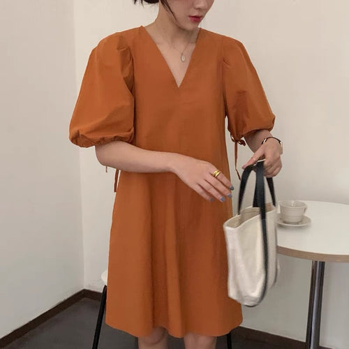 Minimalist Pumpkin-Colored Puffed Sleeve V-Neck Cotton Mini Dress