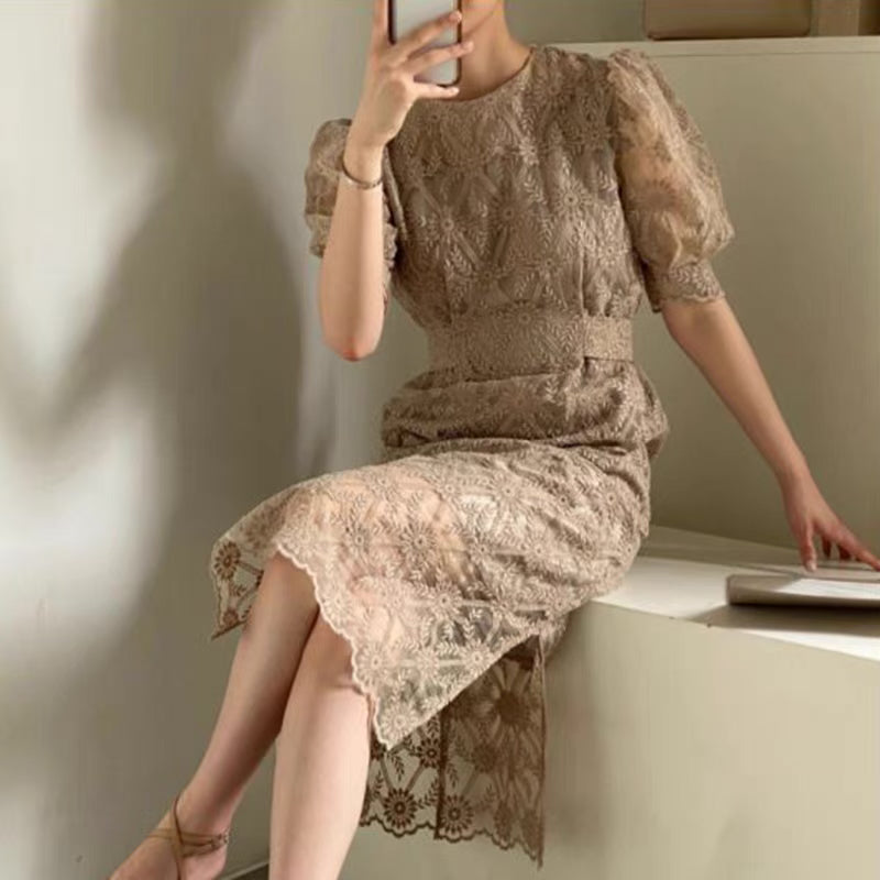 Round Neck Belted Lace Midi Dress