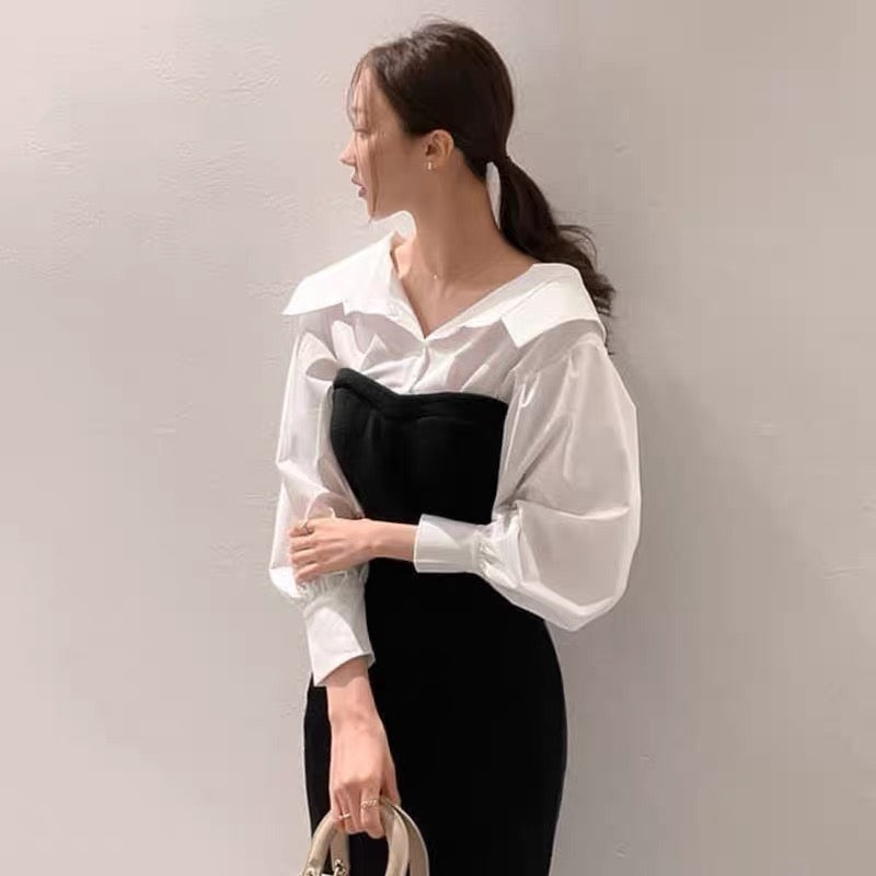 Black & White Shirt Collar Spliced Knitted Bodycon Dress MyDearCloset Black & White Shirt Collar Spliced Knitted Bodycon Dress MyDearCloset