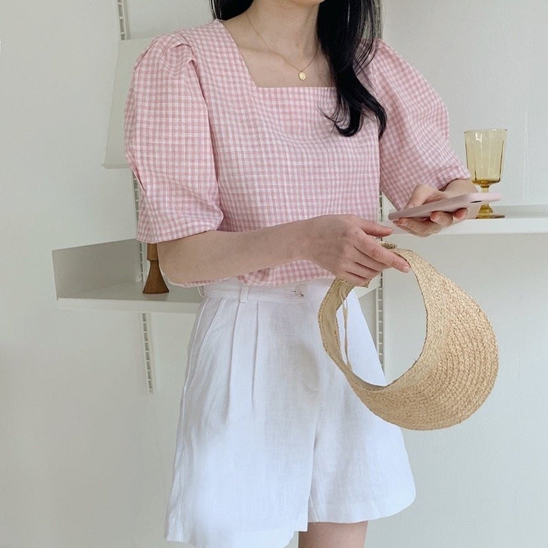 Square Neck Gingham Check Short Sleeve Blouse