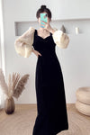 Black Velvet Dress with Organza Puffed Sleeves