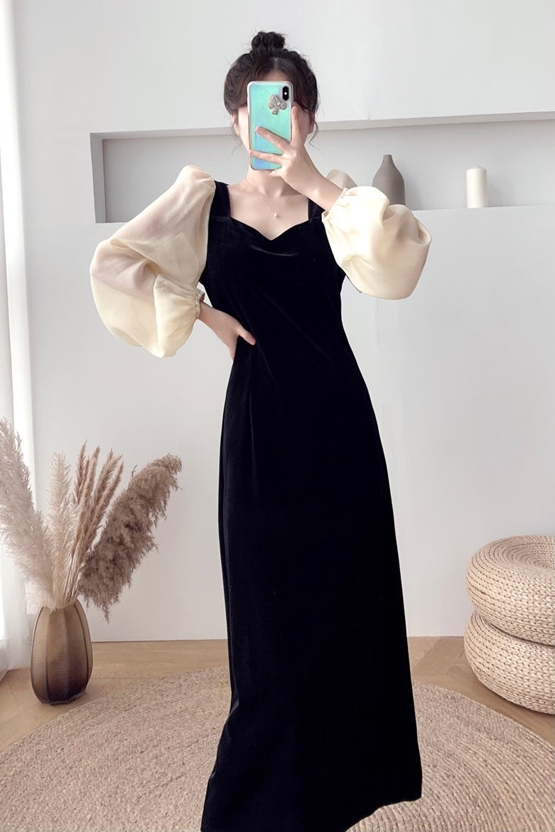 Black Velvet Dress with Organza Puffed Sleeves MyDearCloset Black Velvet Dress with Organza Puffed Sleeves MyDearCloset