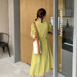 Matcha Green / Beige V-Neck Belted Dress with Pockets