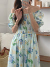 French Romance Light Blue Watercolor Floral Print Smocked Midi Dress