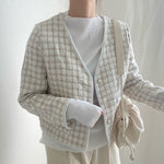 V-Neck Collarless Plaided Tweed Jacket