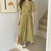 Matcha Green / Beige V-Neck Belted Dress with Pockets