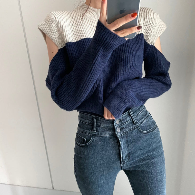 Color Block Cold Shoulder Mock Neck Knitted Sweater