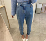 Designer High-Rise Asymmetrical Side Buttons Denim Pants