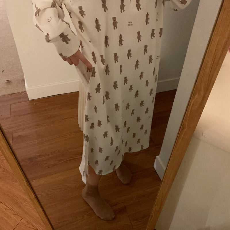 Korean Style Teddy Bear Print Long Sleeve Pajama Dress