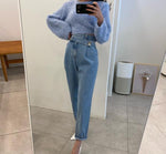 Designer High-Rise Asymmetrical Side Buttons Denim Pants