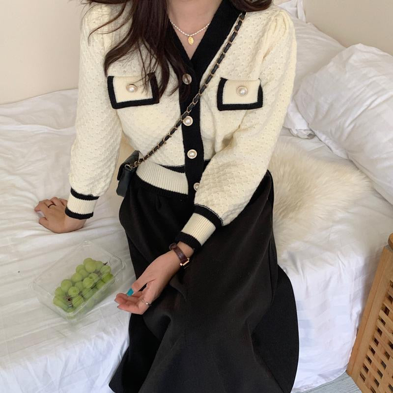 Color Contrast Diamond Knit Cardigan