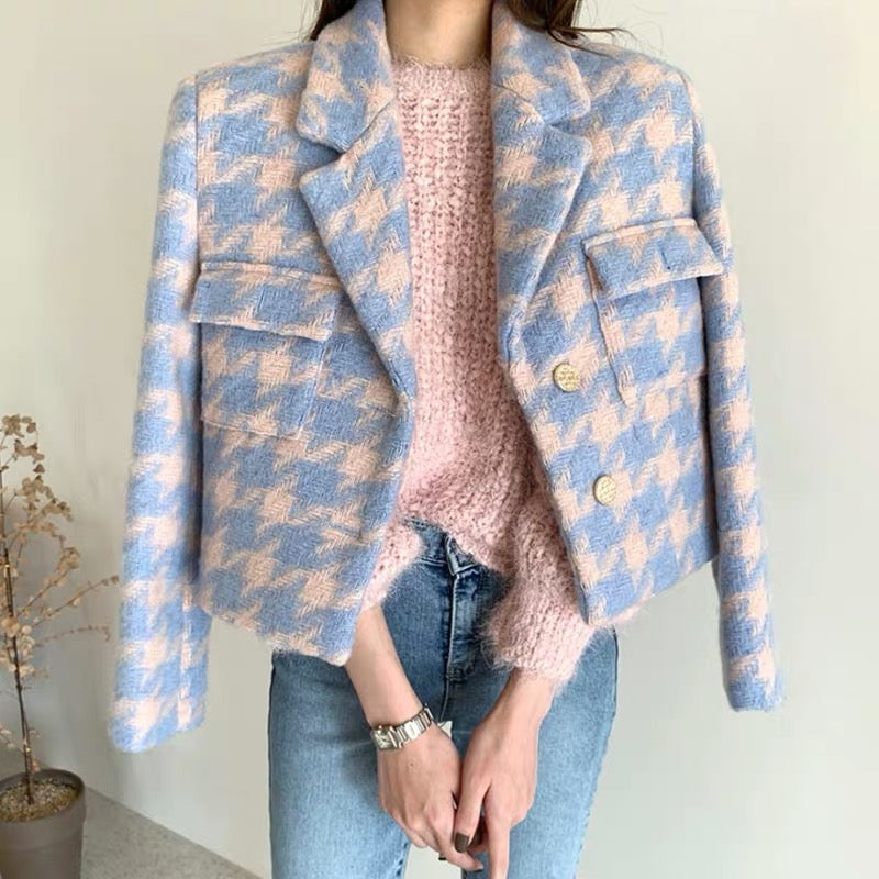 Designer Bubble Gum Houndstooth Cropped Tweed Blazer