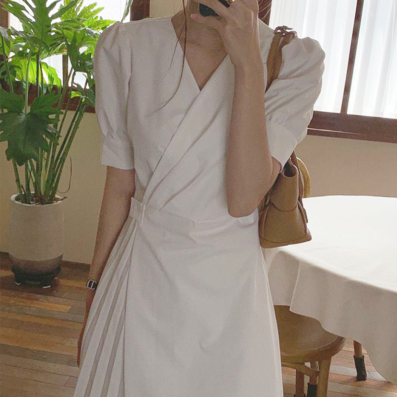 Pleated Wrap Style White Midi dress