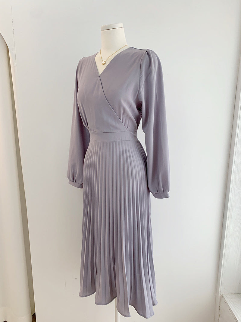 Long Sleeve Belted Pleated Chiffon Midi Dress