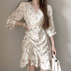 Floral V-Neck Side Drawstring Long Sleeve Dress