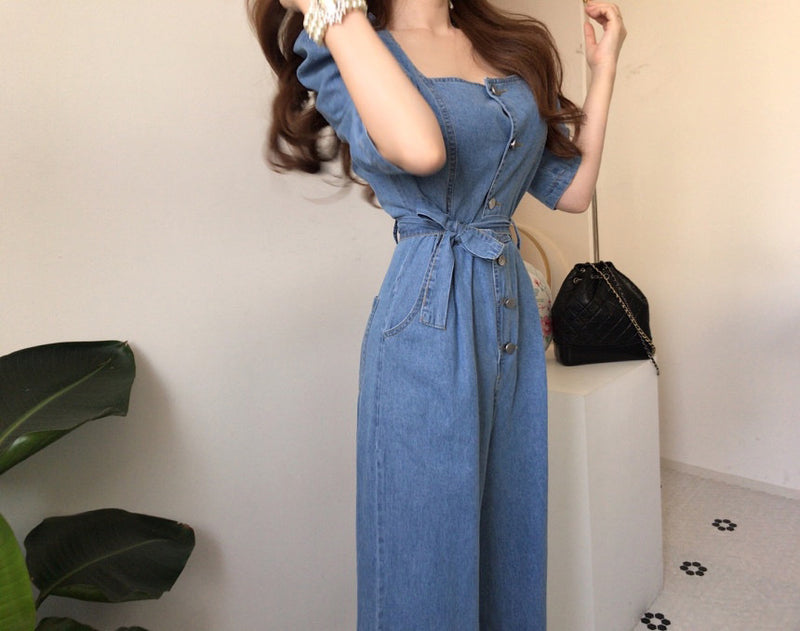 Square Neck Belted Denim Jumpsuit