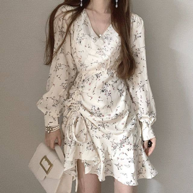 Floral V-Neck Side Drawstring Long Sleeve Dress