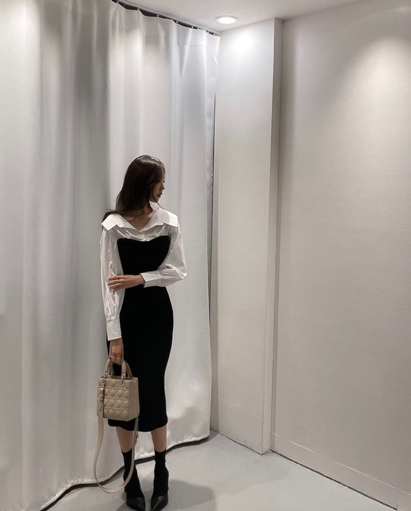 Black & White Shirt Collar Spliced Knitted Bodycon Dress MyDearCloset Black & White Shirt Collar Spliced Knitted Bodycon Dress MyDearCloset