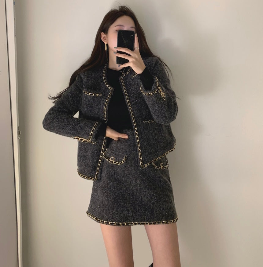 Buttonless Tweed Jacket with Mini Skirt Set – MyDearCloset