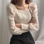 Cotton Knit Square Neck Puffed Sleeve Top