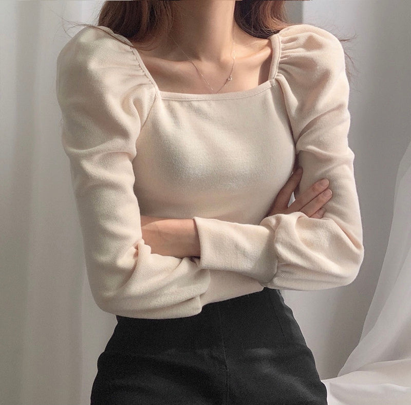 Cotton Knit Square Neck Puffed Sleeve Top