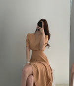 Short Sleeve V-Neck High Waist Pleated Midi Dress