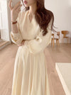 V-Neck Front Button Back Tie Pleated Chiffon Dress