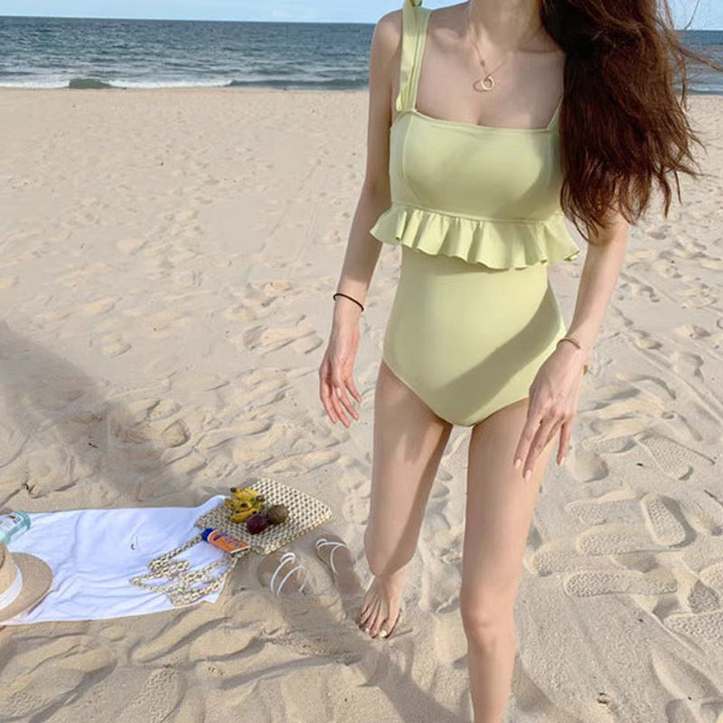 Macaroon Ruffled Waist One Piece Swimsuit