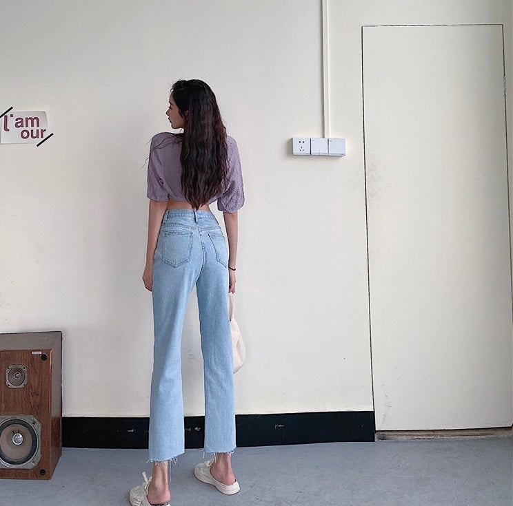 High-Waist Straight Leg Blue Washed Jeans