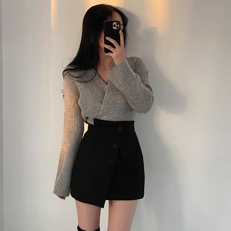 Knitted V-Neck Top with Skorts