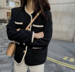 Black & White Contrast Trim Collarless Tweed Jacket