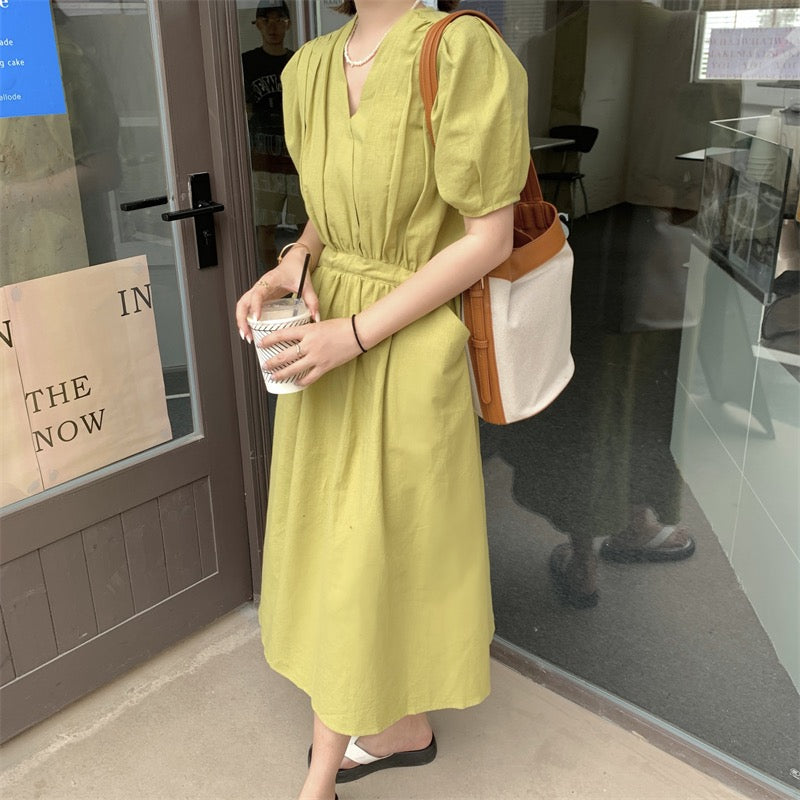 Matcha Green / Beige V-Neck Belted Dress with Pockets