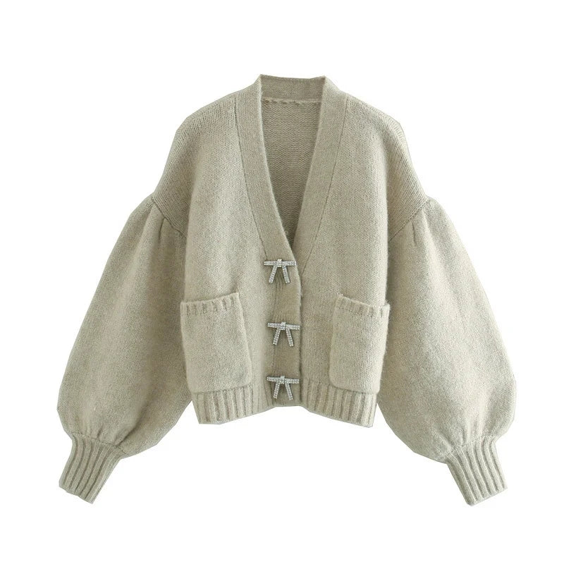 Cashmere Blend Cardigan Set with Crystal Bowknot Button