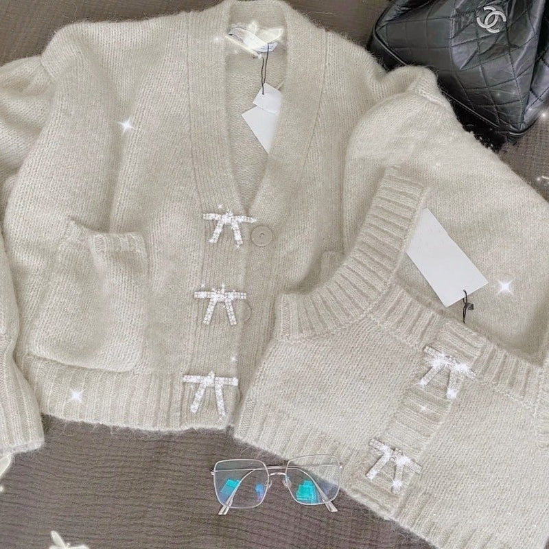 Cashmere Blend Cardigan Set with Crystal Bowknot Button