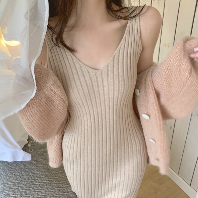 Oversized Sparkling V-Neck Cardigan / Knitted Dress Set