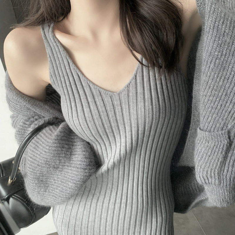 Oversized Sparkling V-Neck Cardigan / Knitted Dress Set