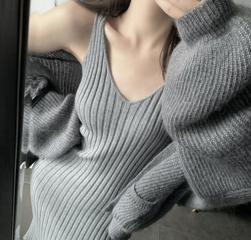 Oversized Sparkling V-Neck Cardigan / Knitted Dress Set