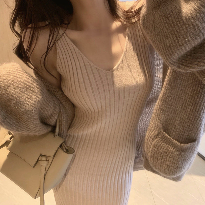 Oversized Sparkling V-Neck Cardigan / Knitted Dress Set